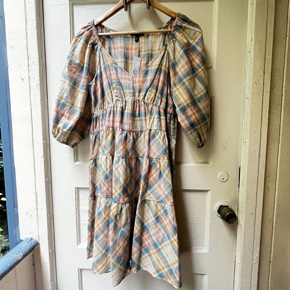 Anthropologie Drew Babydoll Dress S Plaid Prairie Cottagecore Cotton Boho Barn